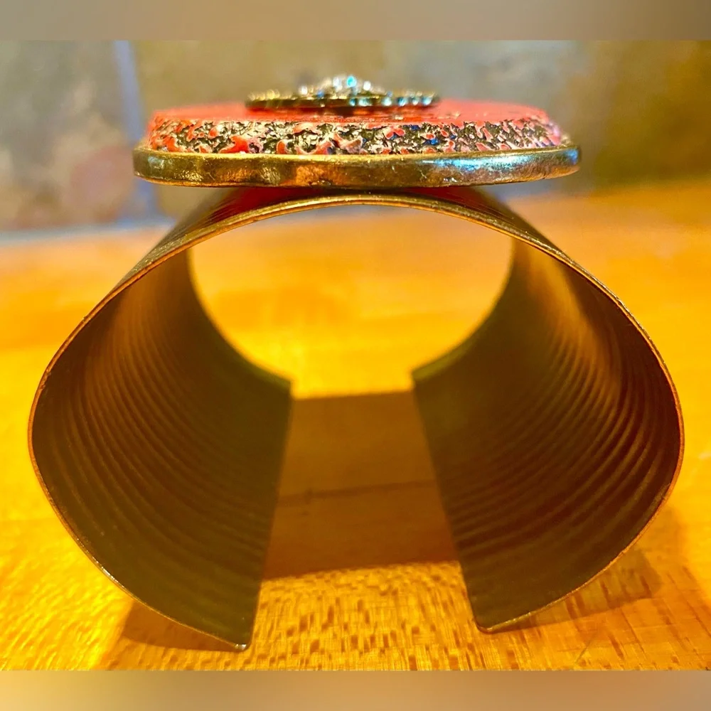 Vintage Studded Red Turquoise Brass Boho Statement Cuff - Picture 8 of 11